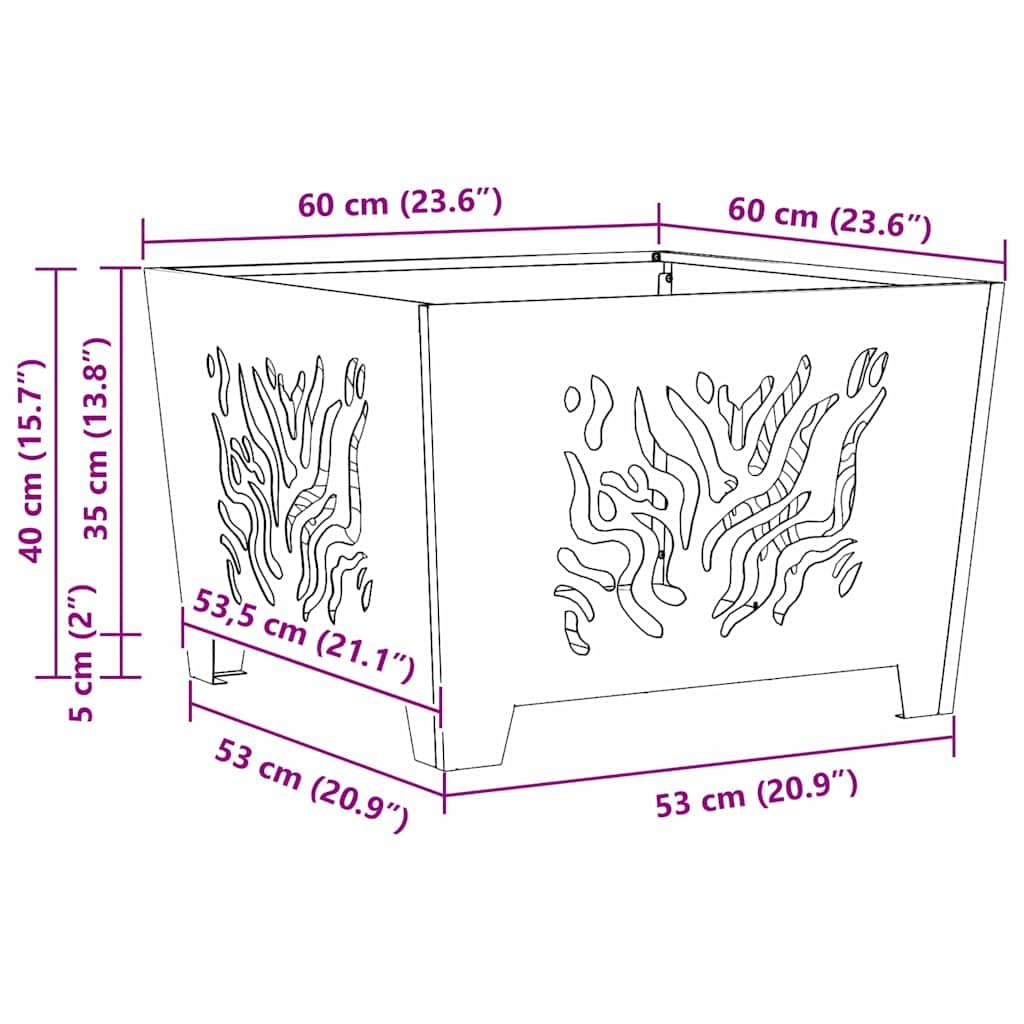 Quadratische Feuerstelle Schwarz aus Stahl 60 x 60 x 40 cm, 7,15 kg, tragbarer Outdoor Kamin Ofen für Terrasse Balkon, mit Brennraum und Flammschutz und 600 C