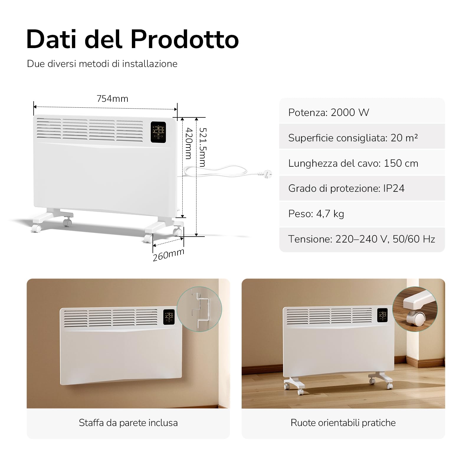 EMKE Radiatore Elettrico Intelligente 2000W Bianco – Convettore con WiFi e Controllo tramite App, Riscaldamento Elettrico a Basso Consumo, Montaggio a Parete o a Pavimento, 755×420×80 mm
