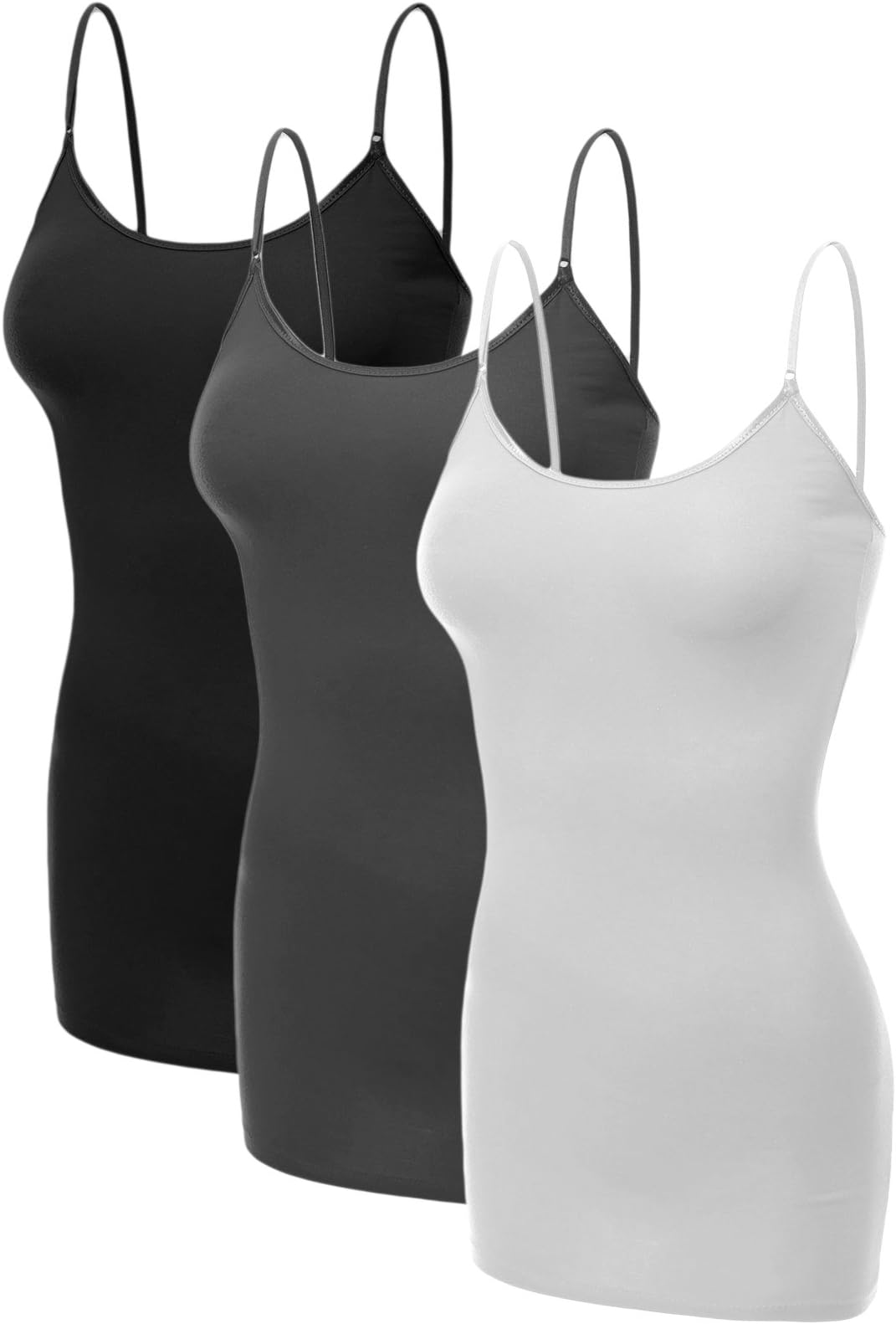 Emmalise Women's Basic Plus Size Long Camisole Cami Top Value Combo - 3Pk - Black, Charcoal, White,X-Large