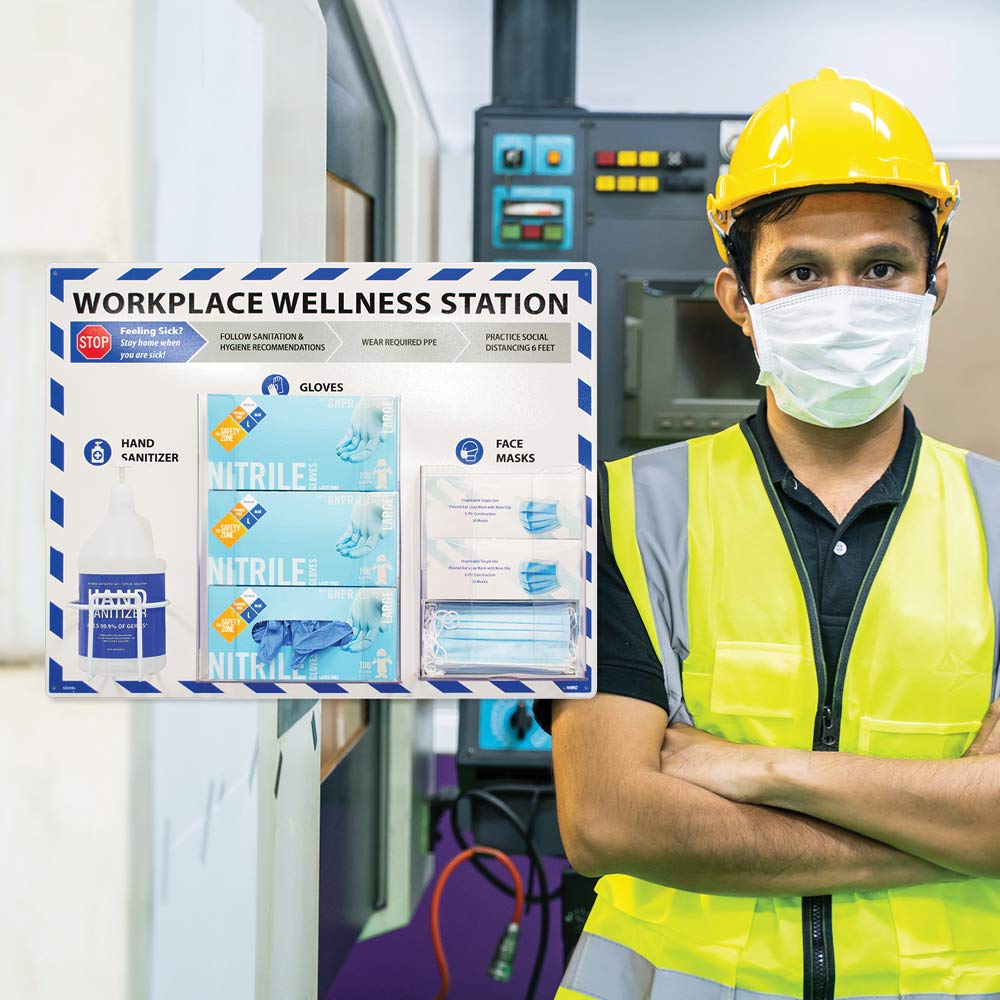 NMC SB08BL Workplace Wellness Station, plástico rígido de 24 x 30, azul con un estante de botella de alambre y dos expositores acrílicos