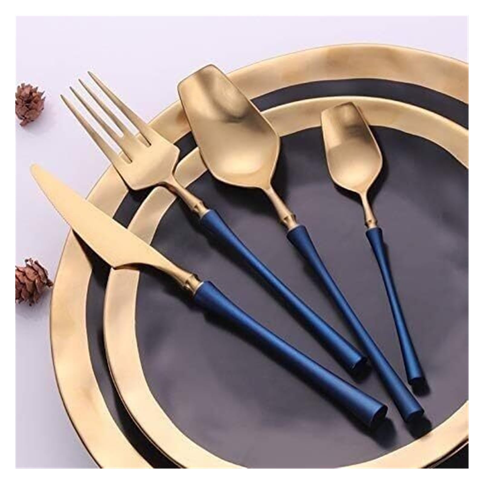 Cucharas-tenedor de acero inoxidable, juego de platos, cubiertos, juego de 4 piezas de acero inoxidable 304 con diseño creativo (cuchillo, tenedor y cuchara), vajilla estilo occidental, azul y dorado.