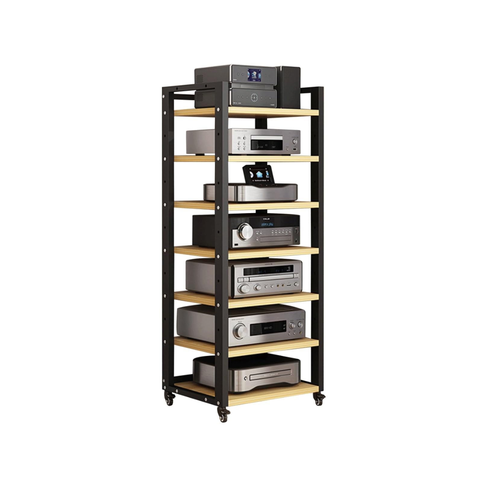 Supporto multimediale regolabile con ruote per giradischi mobili, per DVD, CD, audio, console per videogiochi, per casa, ufficio, soggiorno, naturale, 7 ripiani