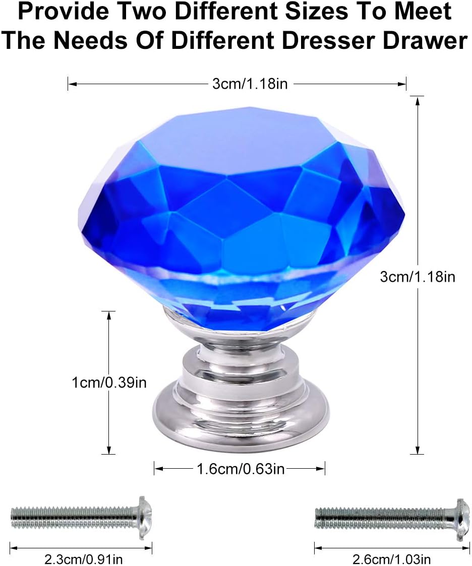 Akstore 10 Pcs Crystal Glass Cabinet Knobs 30mm Diamond Shape Drawer Kitchen Cabinets Dresser Cupboard Wardrobe Pulls Handles (Blue)