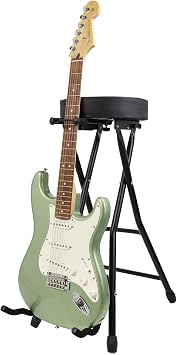Gearlux Foldable Guitar Stool with Padded Seat, Built-in Guitar Stand, and Molded Cradles for Acoustic, Electric, and Bass Guitars; Seat Height of 30 Inches