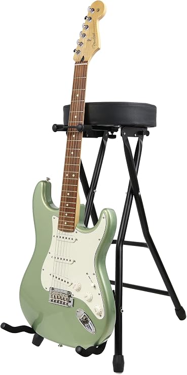 Gearlux Foldable Guitar Stool with Padded Seat, Built-in Guitar Stand, and Molded Cradles for Acoustic, Electric, and Bass Guitars; Seat Height of 30 Inches