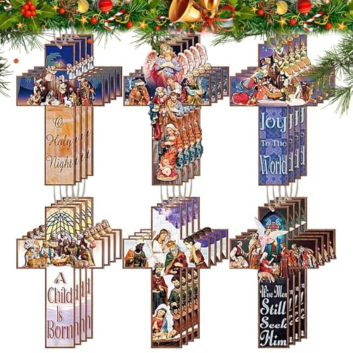 24X Wooden Christian Ornaments Sign - Christmas Nativity Scene Ornaments | Religious Christmas Tree Decorations Christian Ornaments Sign Rope For Family Home Decoration Accessories