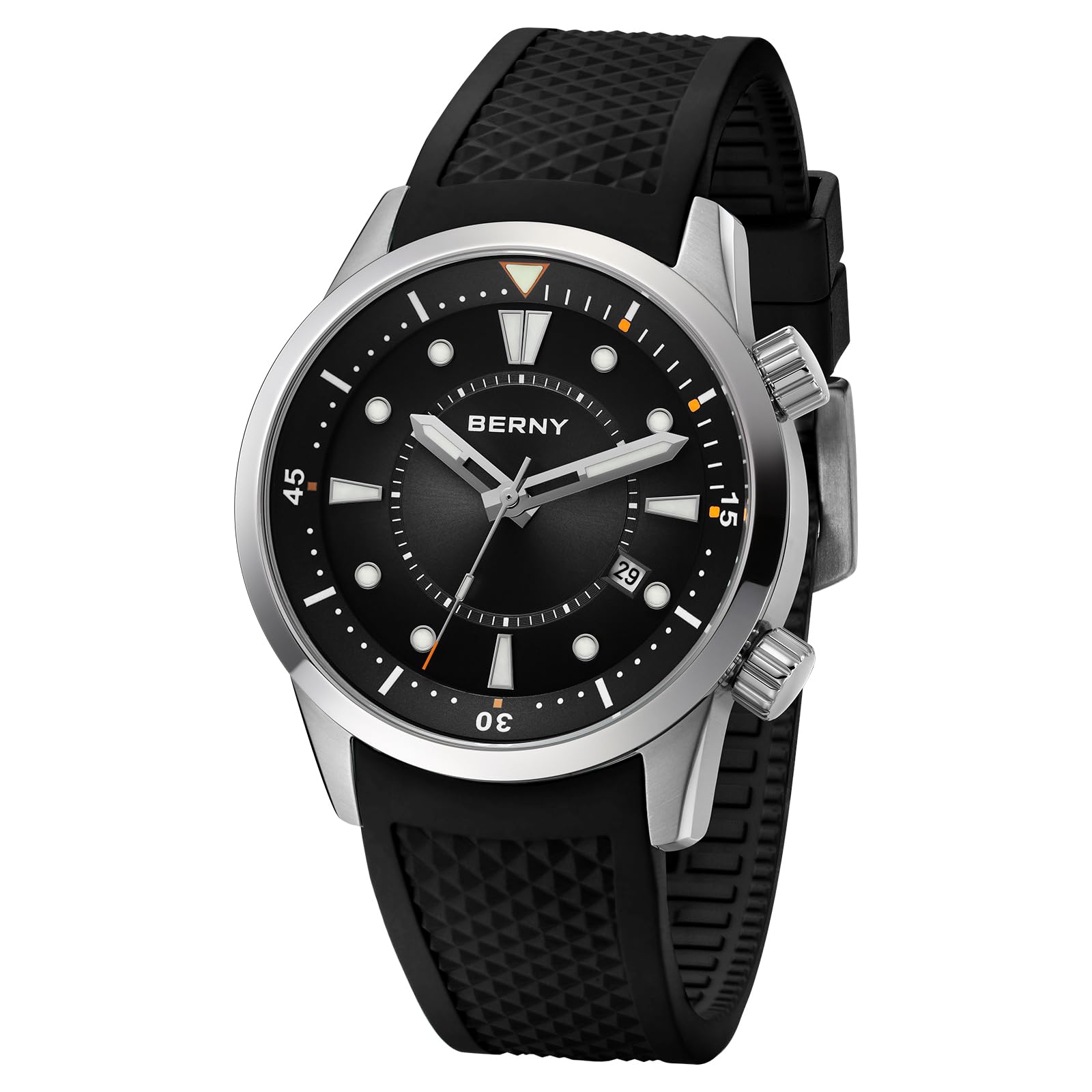 BERNY Relojes Mecánicos Automáticos Se Pulsera para Hombres Dive Relojes De Pulsera con Corona De Tornillo 20ATM Impermeable Hv600 Ddureza Correa De Silicona De Vidrio Zafiro Súper Luminosa