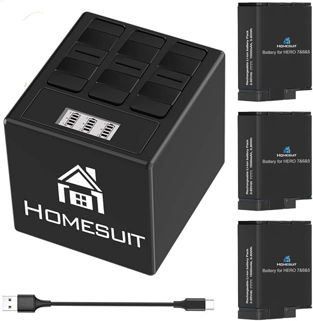 Homesuit Hero 7 Batteries (3 Pack) and 3-Channel LCD USB Storage Charger Compatible with Hero 7 Black,Hero 6 Black,Hero 5 Black,Hero 2018(Fully Compatible with Original)