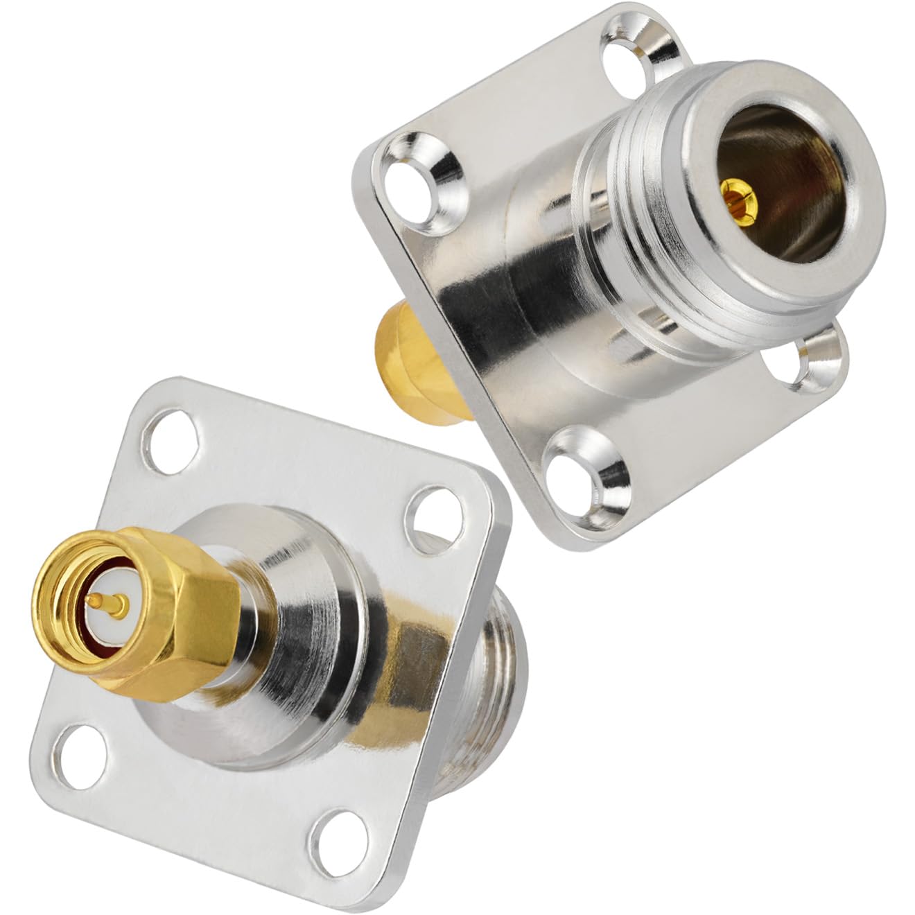 POBADY 2PCS N Female to SMA Male 4 Holes Flange Panel Mount Connector 50 Ohm N Type to SMA 4 Holes Flange Chassis Mount Solder Adapter for Radio Antenna Coax Cable