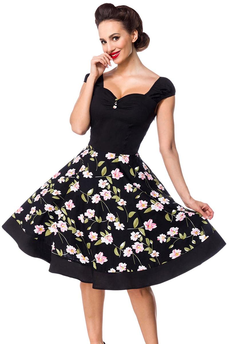 Belsira Vintage Kleid Femme Robe mi-Longue Noir 95% Coton, 5% Élasthanne