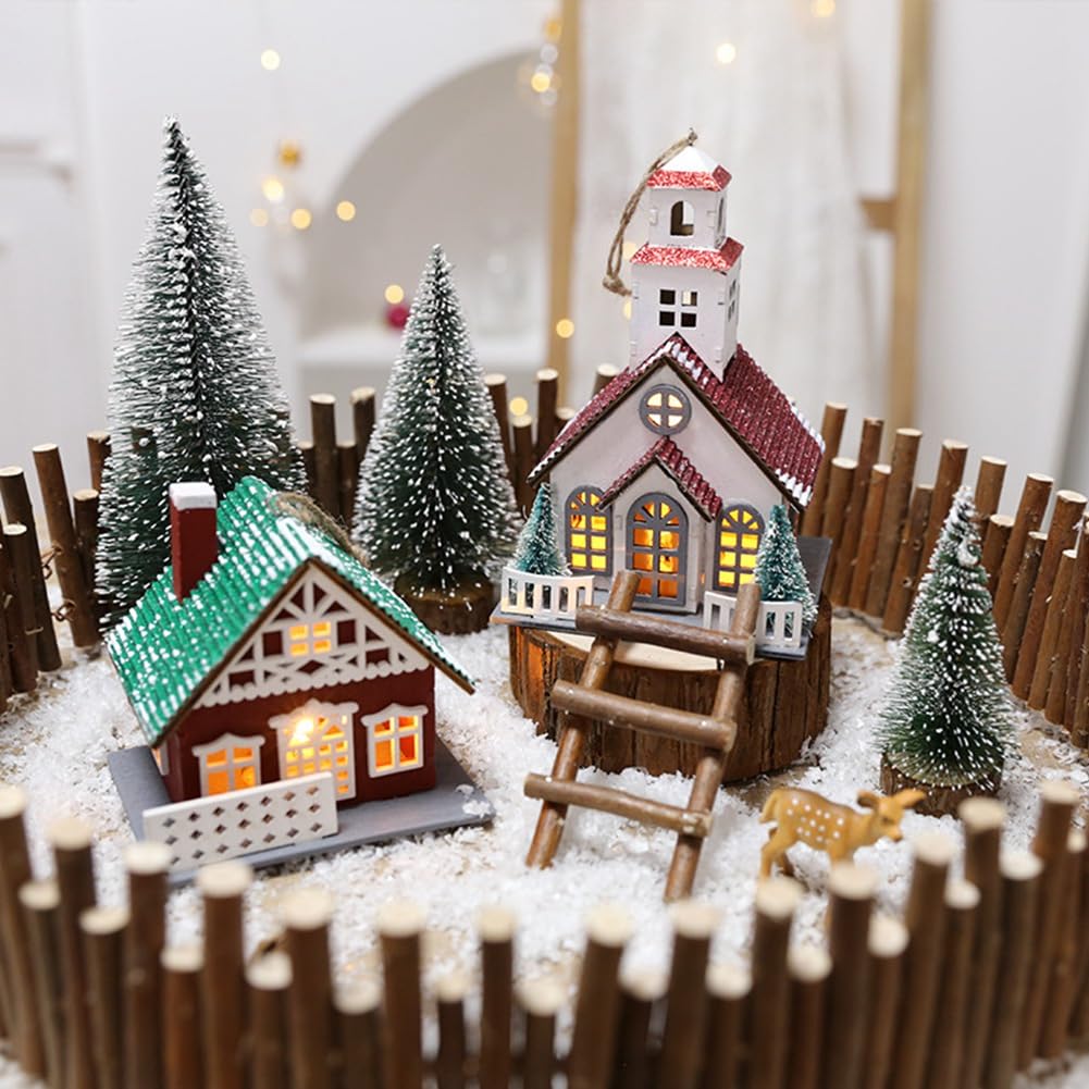 Casa de Troncos Casa Edificio Luminoso Adornos Navideños de Madera Adecuado para la Decoración del Árbol de Navidad