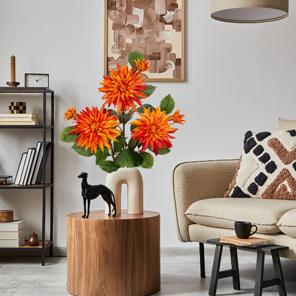 7.5'' Large Artificial Dahlia Flowers with Long Stems, 3pcs Orange Fake Flowers and 3pcs Decorative Faux Buds - Image 4