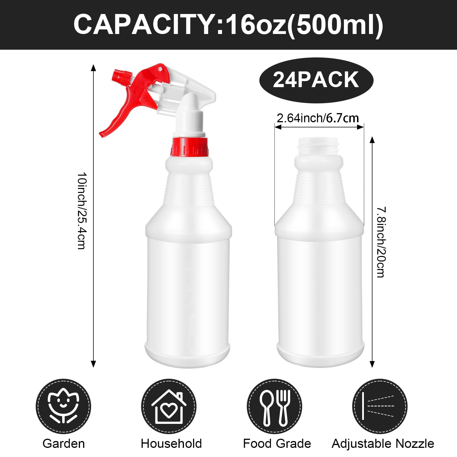 Rtteri 24 botellas de plástico de 16 onzas, botellas vacías a prueba de fugas, vacías y reutilizables para soluciones de limpieza, agua, detalles de automóviles o baño, cocina, residencial comercial