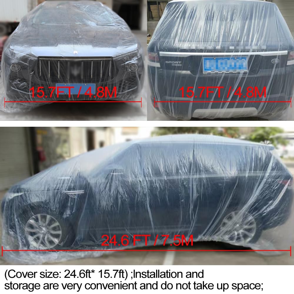 4 Packs Disposable Car Cover Clear Plastic Car Cover Universal Rain Dust Garage Cover with Elastic Band Medium — view 6