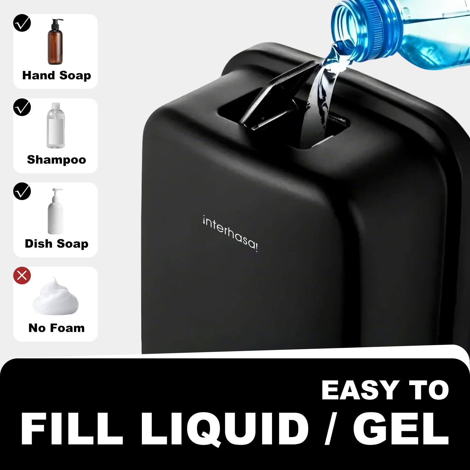 interhasa! Commerical Dispenser di sapone da parete Dispenser di sapone per le mani in acciaio inossidabile Dispenser di liquidi per cucina e bagno nero 800 ml