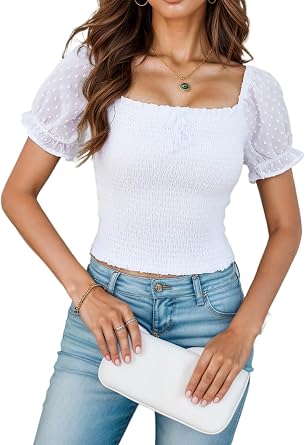 Square Neck Mesh Puff Short Sleeve Tank Top for Women Frill Ruffle Trim Blouse Summer Sexy Going Out Y2K Outfits