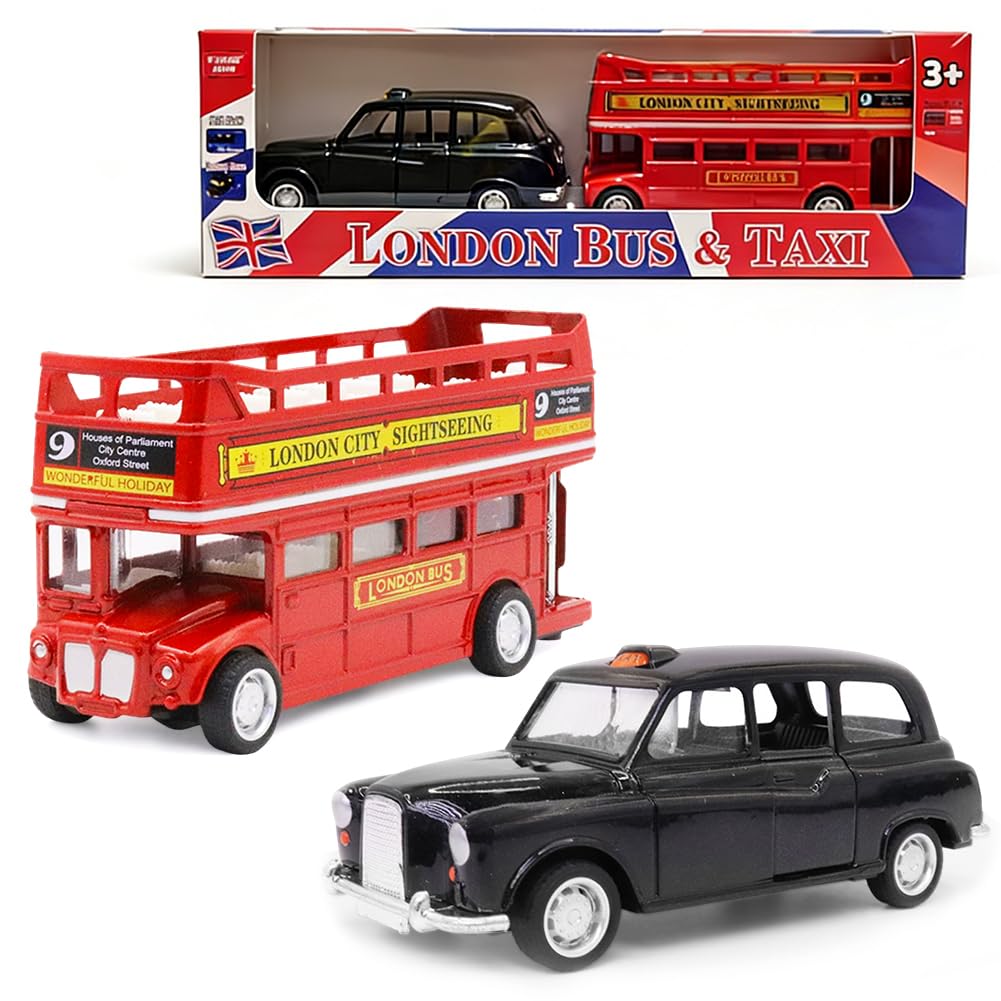 London Bus Diecast Model Double Decker Red Bus and Black Taxi Mini Models 1:32 Scale Pull-Back Buses Model Alloy Diecast Toy Vehicles Taxi Toys Metal Die Cast Free Wheeling Toy Birthday Gifts for Kids