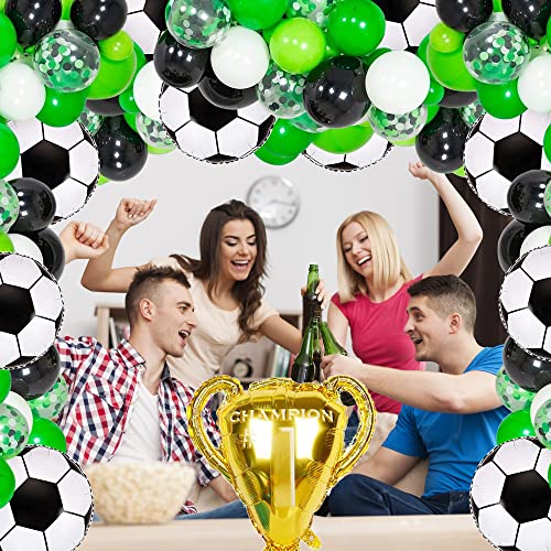 Soccer Party Balloon Garland Arch Kit, 111 Pcs Green White Black Confetti Balloons With Soccer Champion Cup Mylar Foil Balloons For Soccer Theme Party Decorations #TOP5