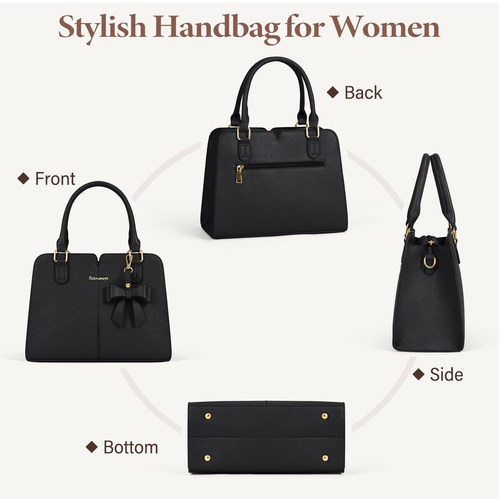 RAINSMORE Bolsos Mujer de Mano Cuero PU Impermeables Bolso Bandolera con Bolsillo Antirrobo Bolso de Hombro Universidad Tote Bag con Arco para Trabajo Compras Escuela