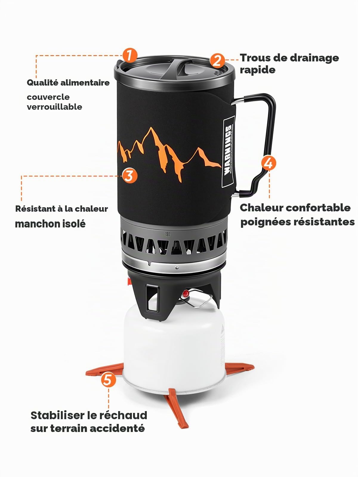 Odoland Backpack Camping Furnace, 1.4l Camping Cooking System, Casserole de Camping Portable avec Cuisinière à Gaz pour La Randonnée, La randonnée, La pêche, La Chasse et Les Urgences