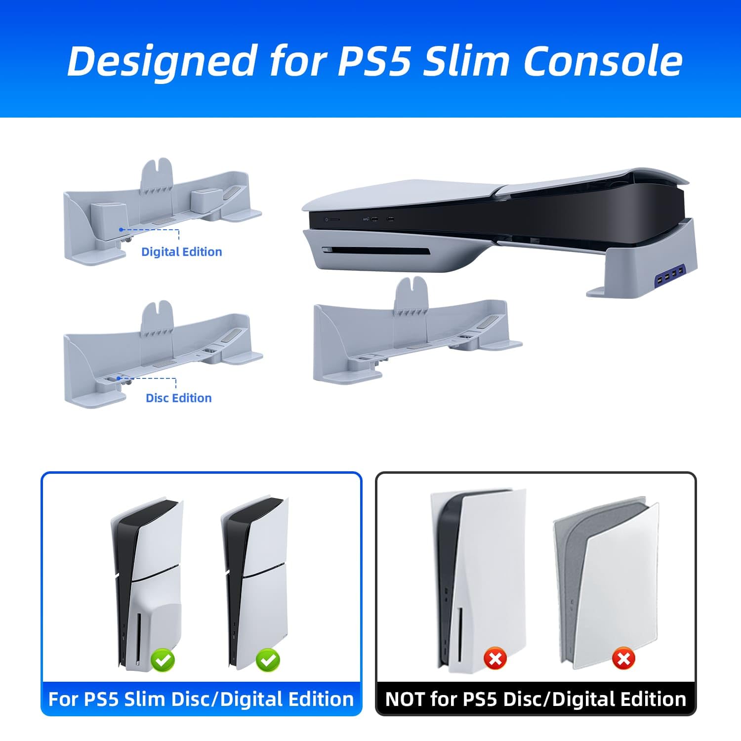 Pozioma podstawka do konsoli PS5 Slim z 4-portowym hubem USB, ulepszona podstawa wspornika akcesoria kompatybilna z PlayStation 5 Slim Disc & Digital Edition uchwyt na stojak