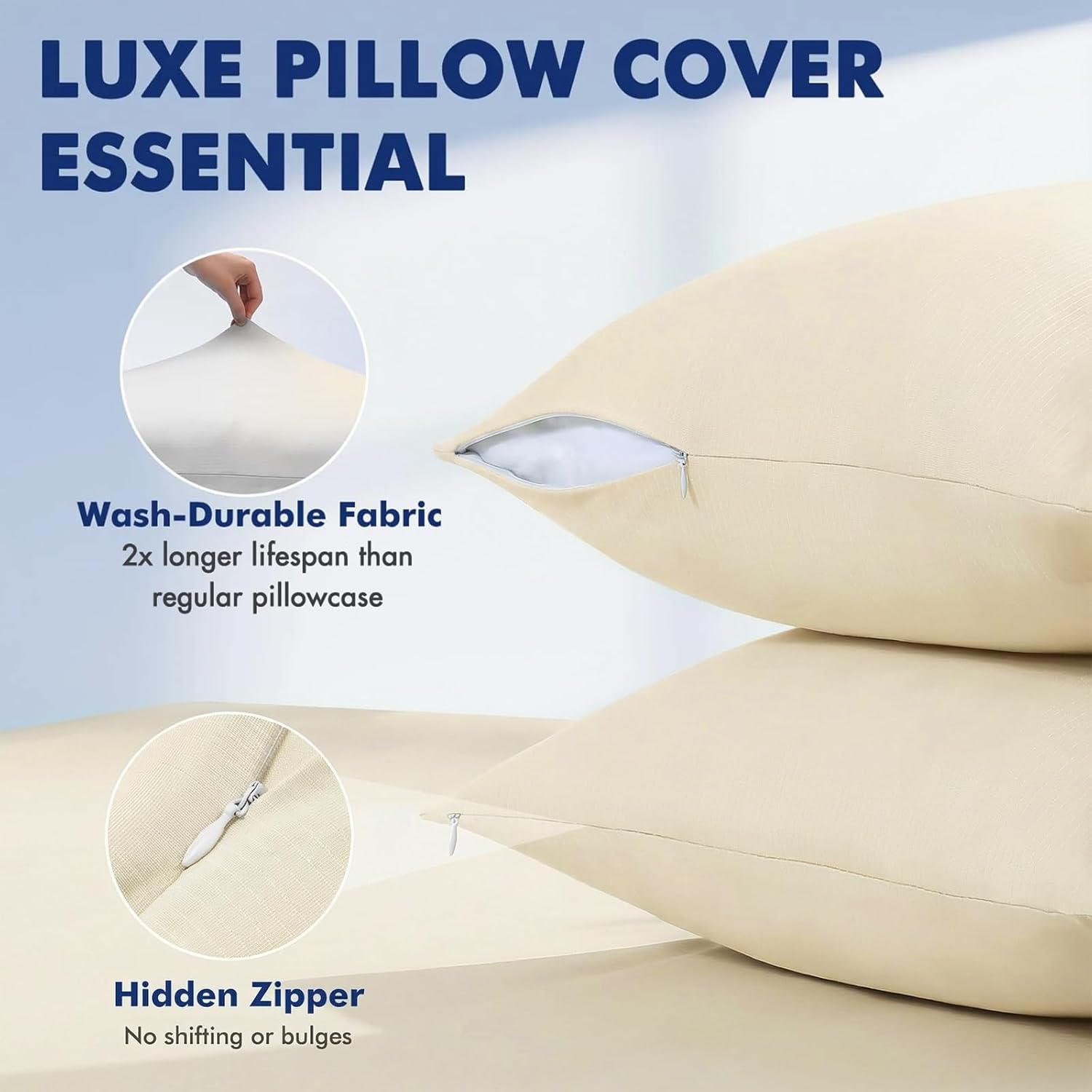 Elegear Cooling Pillow Cases for Hot Sleepers, Clean Fabric Silver Infused Cooling Pillowcase Q-Max>0.5, Soft Silky Pillowcases for Hair & Skin, Summer Zipper Pillowcase Cover Set of 2-Standard, Beige