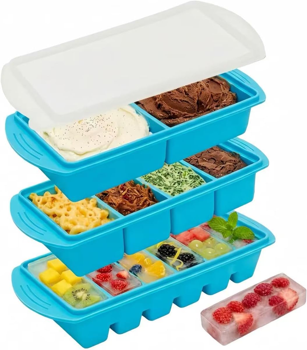 Silicone Freezer Tray With Lid - Soup Freezer Container Molds Set Large Ice Cube Tray for Freezing & Storing Soup Sauce Broth and Leftovers Makes 1/2-Cup 1-Cup & 2-Cup Portion Dishwasher-safe - Green