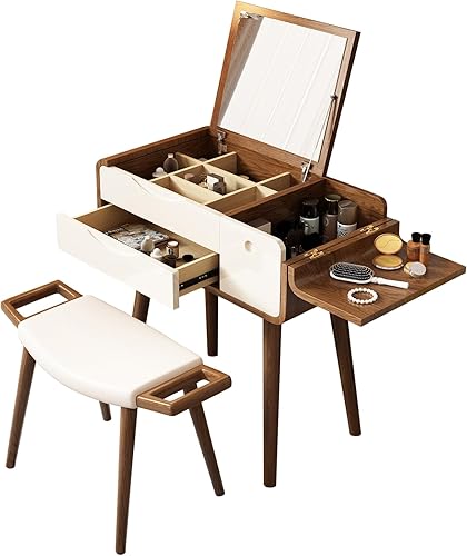 Miniatura 2 de Lartis Vanidad de maquillaje, tocador de maquillaje con taburete, muy fácil de montar, tocador, tocador con espejo, espejo de maquillaje abatible,