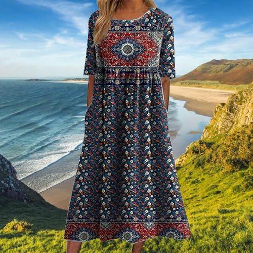Boho Dress for Women Floral Print Short Sleeve Crewneck Plus Size High Waist Smocked Flowy Swing Ruffle Dress - Image 2