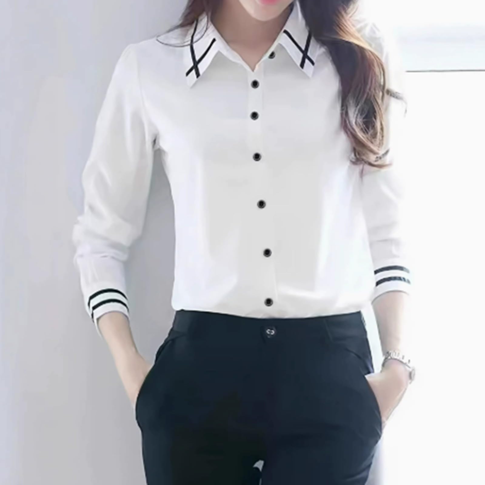 Damen Langarm Hemd Knopfleiste Reverskragen Basic Shirt Elegant | Einfarbig Weich Leicht Atmungsaktiv Einfarbig Business Bluse Freizeitoberteil Tunika Top Bequem