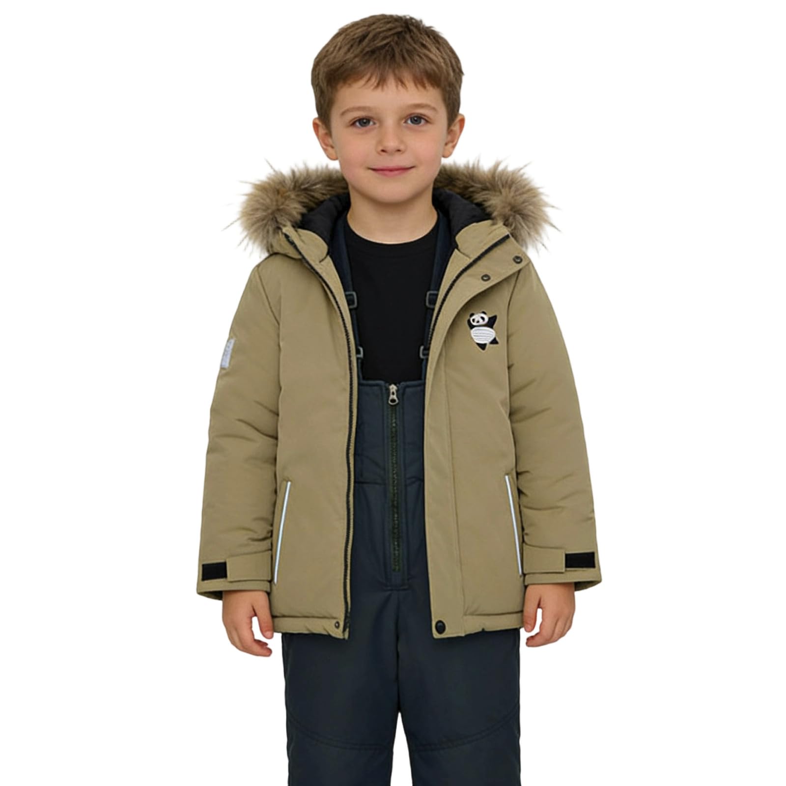 Generisch Traje de invierno para deportes de invierno con peto, resistente al viento, cálido, impermeable, traje de nieve para niños y niñas, ropa de juego (caqui, 5-6 años)