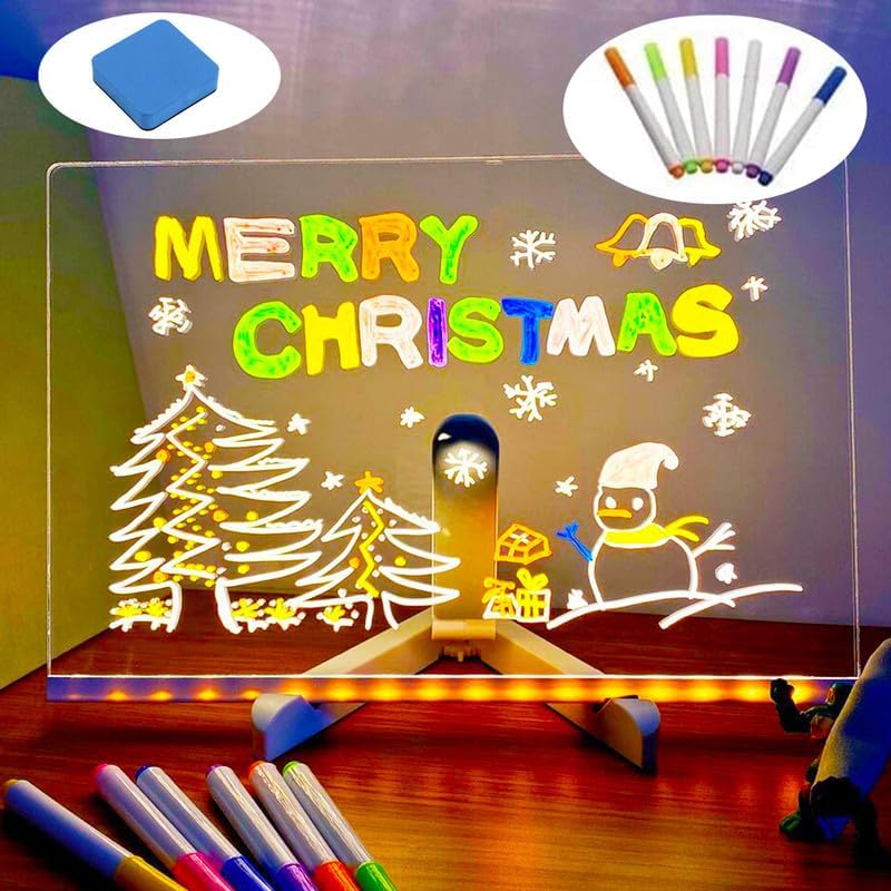 LED Note Board with Colors, Light Up Acrylic Message Board, Led Drawing Board, Illuminated Acrylic Notepad with Adjustable Stand and 7 Pens (5.9" × 5.9")