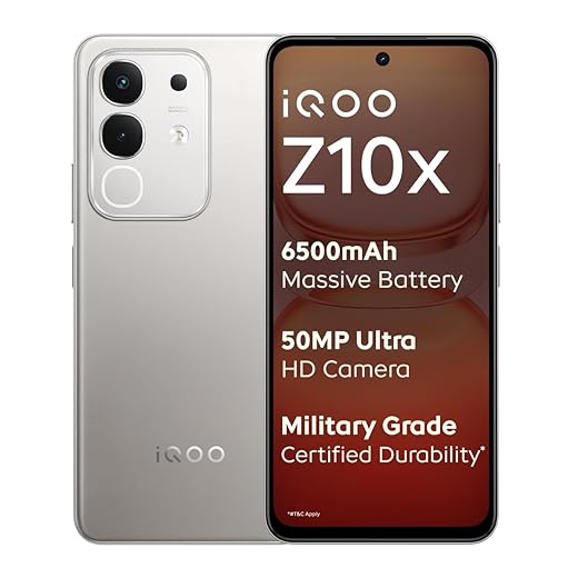 iQOO Z10x 5G (Titanium, 6GB RAM, 128GB Storage) | 6500 mAh Large Capacity Battery | Dimensity 7300 Processor | Military-Grade Durability