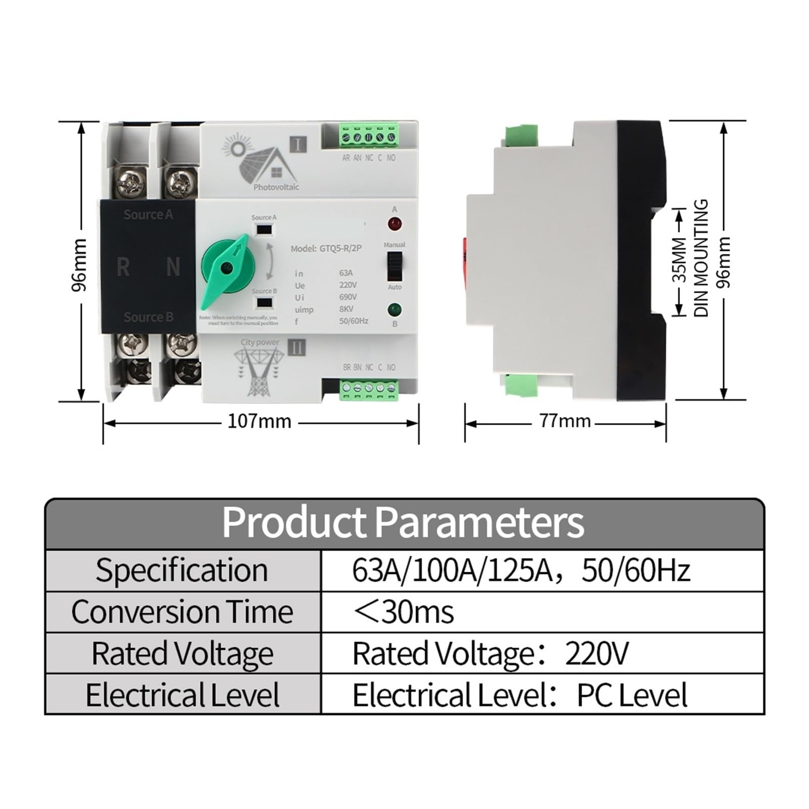 Commutatore di trasferimento automatico a doppia alimentazione Selettori AC 230V for inverter su binario 2P Ininterrotto 63A 100A 125A