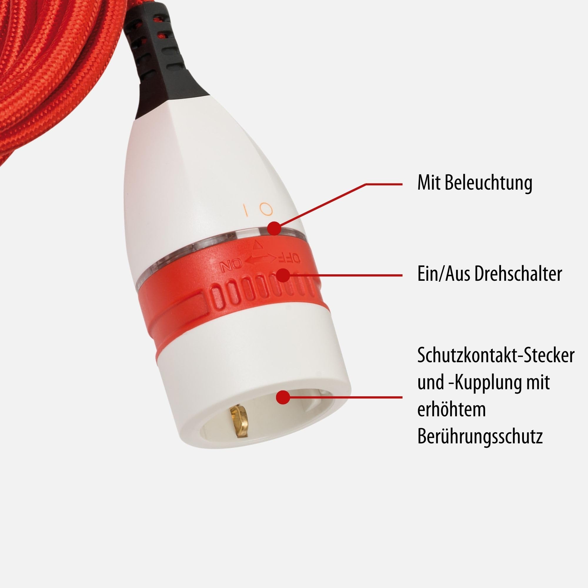 Brennenstuhl Verlängerungskabel 5m – Textilkabel Mit Beleuchtetem Drehschalter, Für Innen (rot/weiß/schwarz, Schutzkontakt)