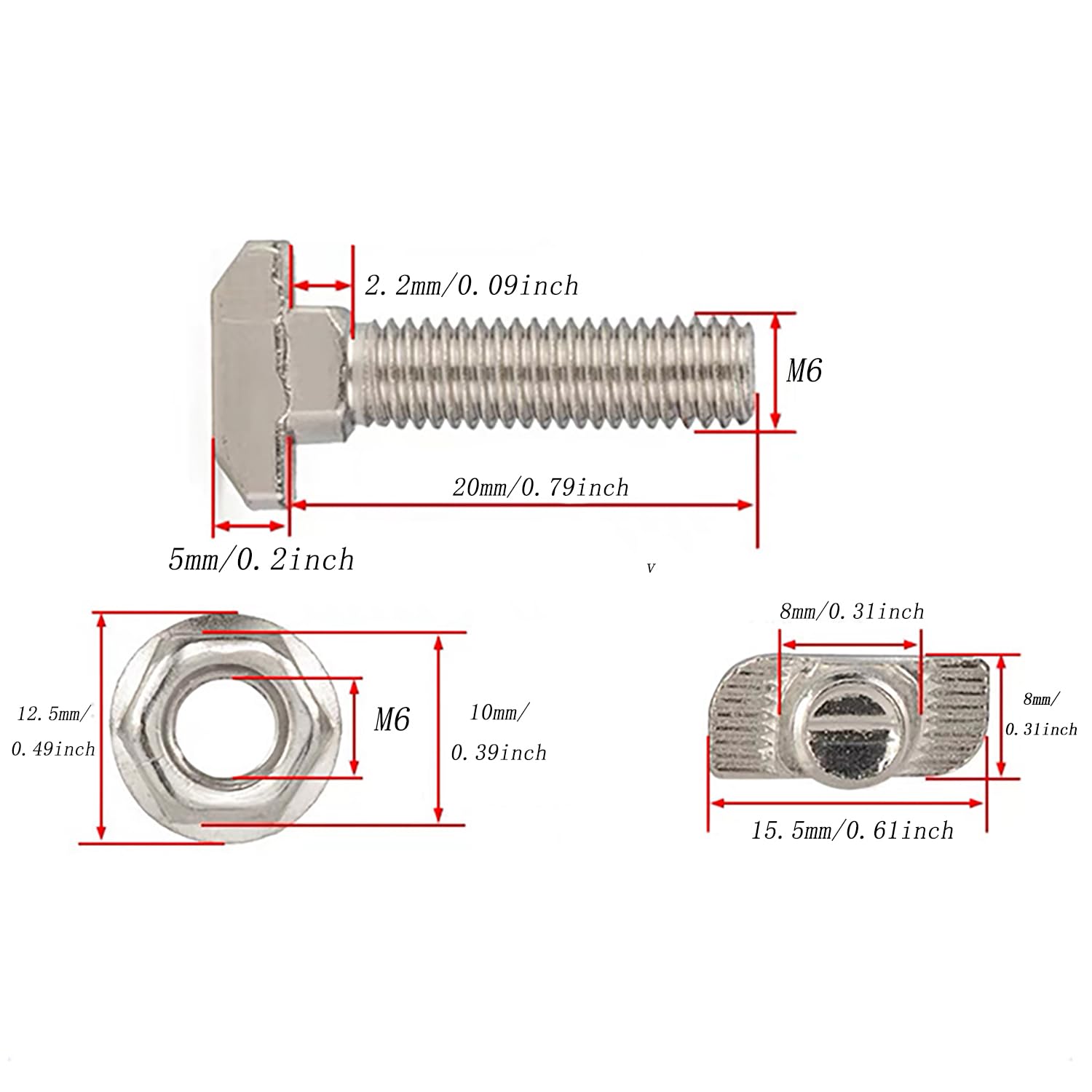 20PCS M6x20mm T Slot Insert Bolts Hex Flange Nut Kit Hammer Head Sliding Stud Standard 30 Series Aluminium Profiles for Aluminium Alloy Frame Assembly Clamping Lock