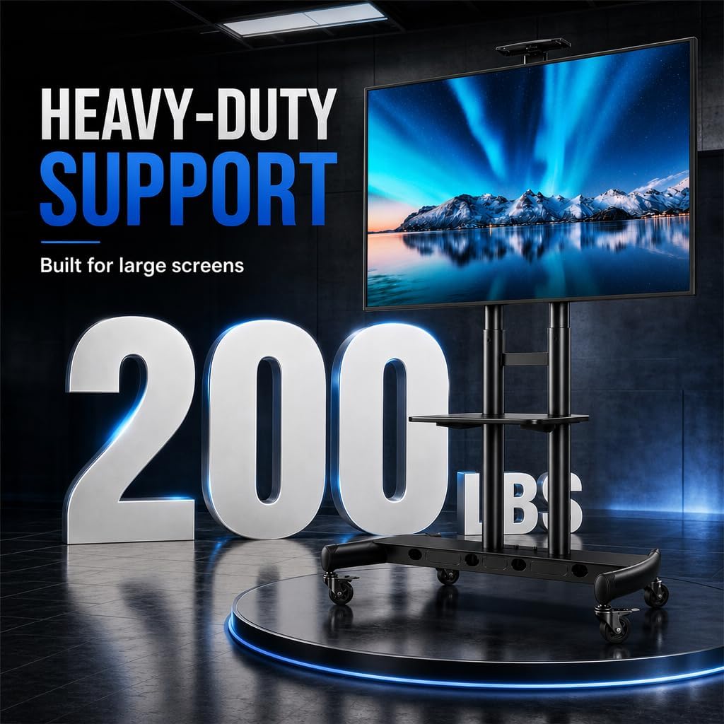 PERLESMITH Mobile TV Stand for 55-90 Inch Flat/Curved Screen TV Max VESA 800x500mm Outdoor TV Cart with Height Adjustable AV Shelf- UL Certificated Rolling Floor TV Stand Holds up to 200Lbs (PSTVMC07)