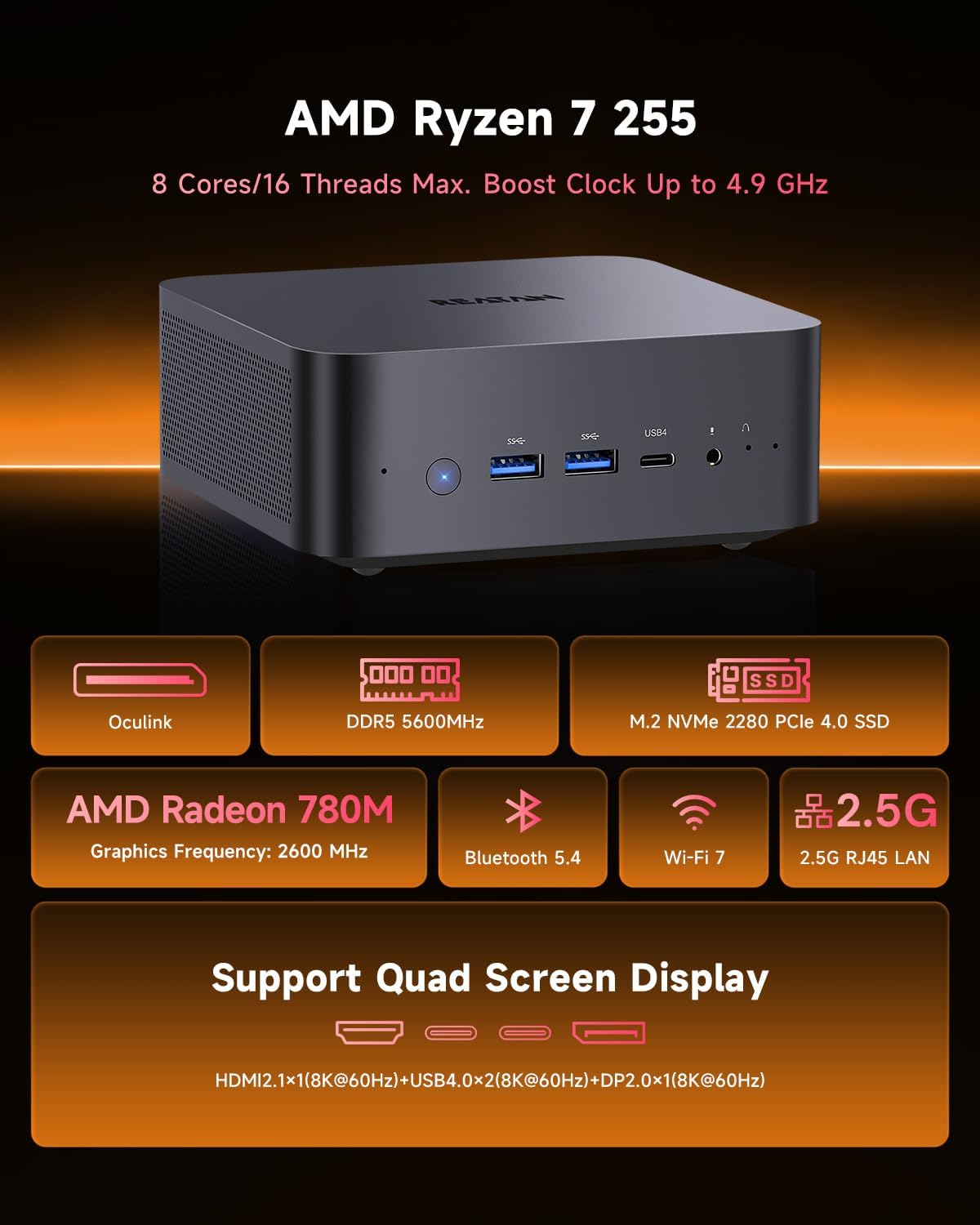 Reatan X7 AI Oculink Gaming Mini PC AMD Ryzen 7 255(Upgraded 8745HS) 64GB DDR5 2TB PCIe4.0 SSD 5600MHz RAM, Desktop Mini Computers Radeon 780M Graphics, 2.5G LAN/HDMI 2.1/2 * 8K USB 4.0/Wi-Fi 7/BT5.4 - Image 2
