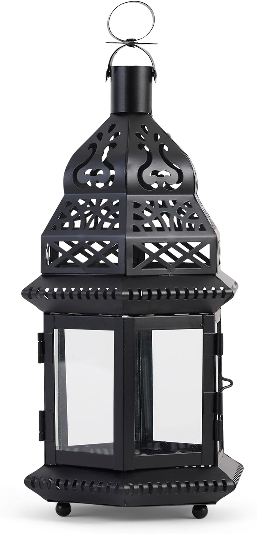 Moroccan Style Candle Lantern Holder, Decorative Light Home Decor, Indoor & Outdoor, 12.5" Tall, Black with Glear Glass
