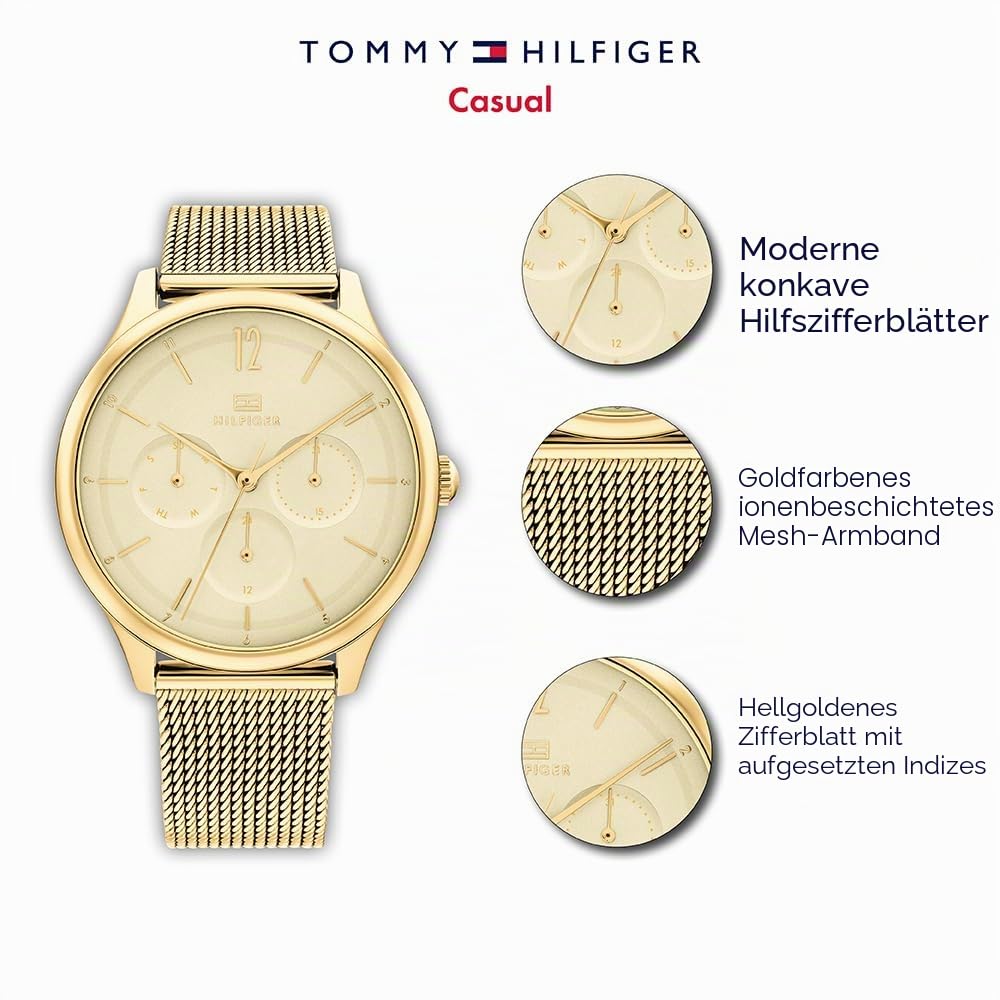 Tommy Hilfiger Multi Zifferblatt Quarz Uhr für Damen mit Goldfarben Edelstahl-Mesh-Gliederarmband - 1782458
