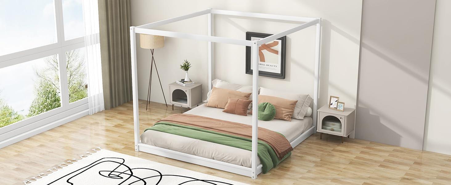 Harper & Bright Designs King Size Canopy Platform Bed Frame for Boys Girls Kids Adults Toddler with Support Legs,White