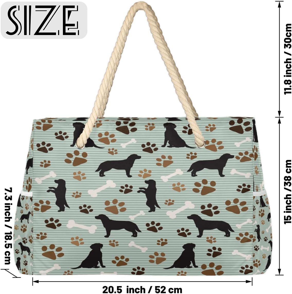 Striped Dog Bone Paw Print Beach Bag for Women Waterproof Sandproof Tote with Zipper Cotton Rope Handles for Travel Pool Gym Shopping