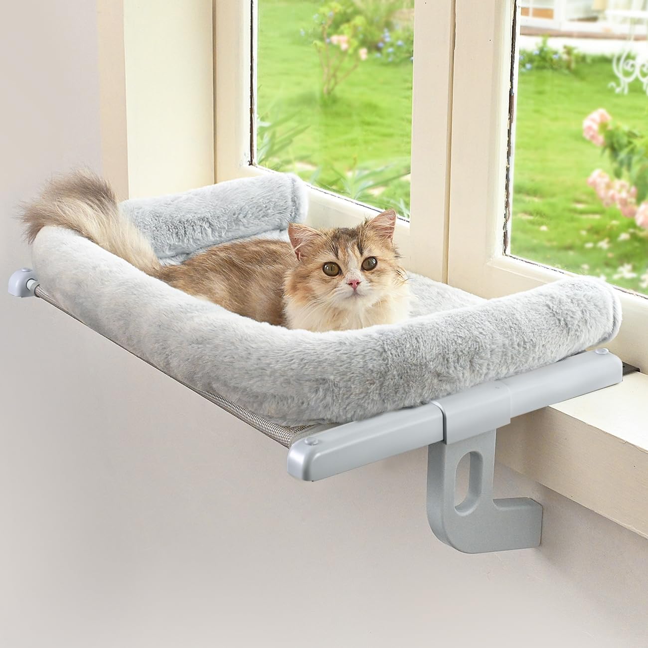 Cat Window Sill Perch with Large Bolster, Easy to Adjust &amp; Assemble Cat Window Seat for Windowsill &amp; Bedside, Pet Hammock Bed for Large Cats and Kittens (Grey, M)
