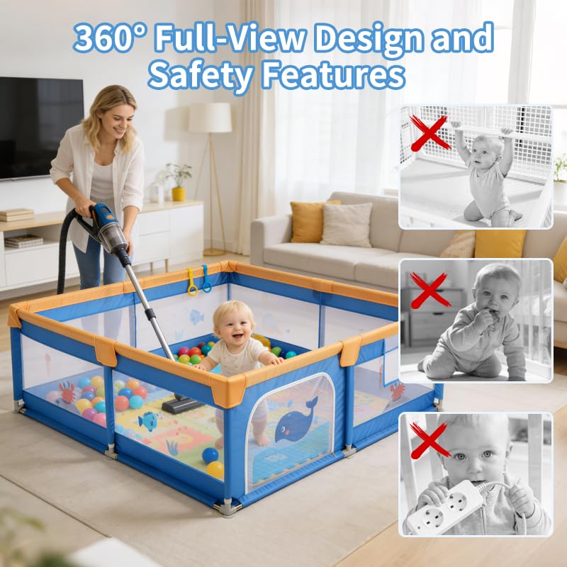 Baby Playpen for Toddlers: 6.56x6.56 ft Kid-Safe Enclosed Play Yard | Non-Slip Base, Breathable Mesh - Easy-Portable for Indoor & Outdoor Baby Play Spaces - Blue