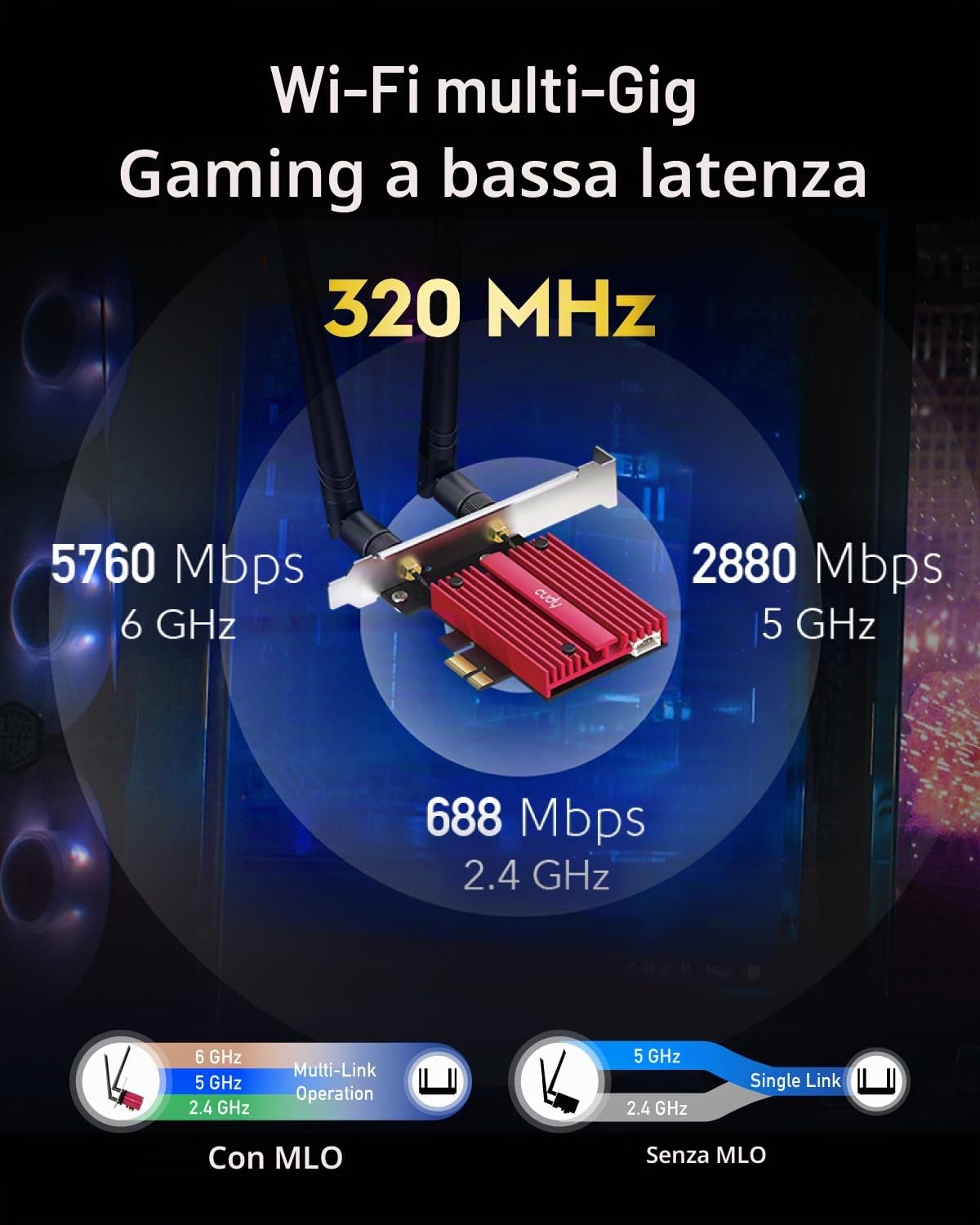 Cudy Scheda WiFi 7 BE9300 WE9300 PCIe WiFi per PC (Non compatibile con AMD), Adattatore Wireless Tri-Band 6GHz, Bluetooth 5.4, WPA3, Facile Installazione