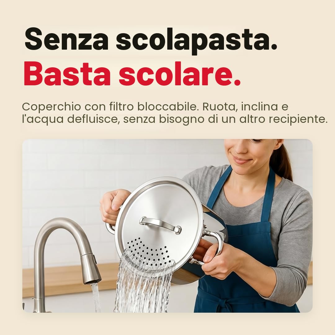 Pentola per pasta in acciaio inox con coperchio con colino bloccabile, grande capacità da 5,5 litri, torsione e blocco per un facile svuotamento e senza bisogno di scolapasta o inserto per colino,