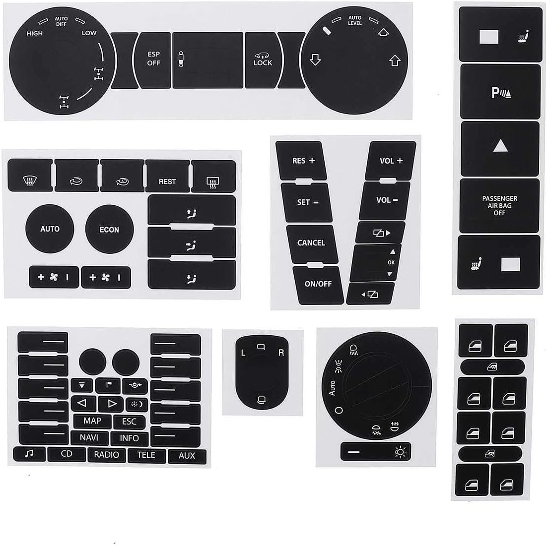 Dash Button Repair Kit - 8pc Car Steering Wheel Windows Headlight Climate Switch Button Repair Stickers Decals for VW for Volkswagen Touareg 04-09