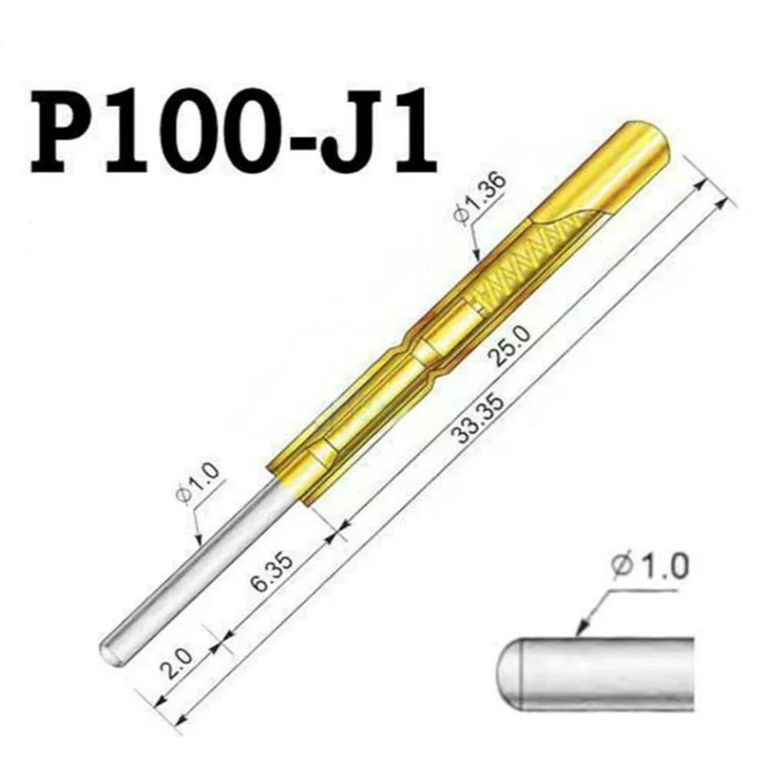 100PCS P100-J1 Small Round Head Spring Test Probe Pin Outer Diameter 1.36mm Needle Length 33.35mm for Circuit Board Testing