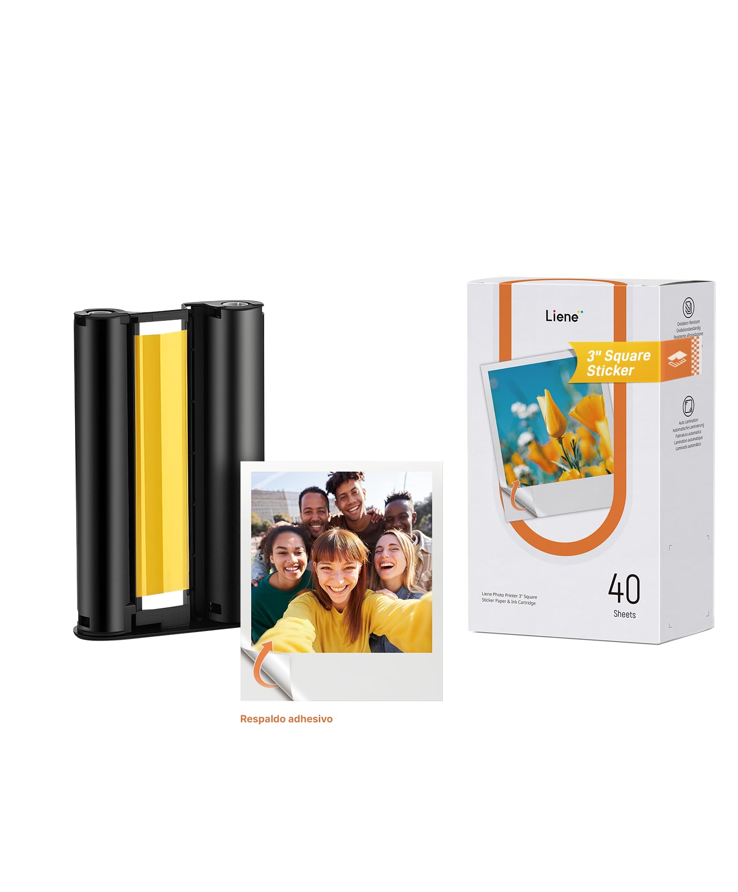 Liene Amber M110 & M210 Adhesivo Original : 40 Hojas de Papel Fotográfico Cuadrado 7,7 cm + 1 Cinta, Adhesivo Instantáneo, Resistente al Agua y las Huellas, Compatible Exclusivamente con DHP514/DHP515