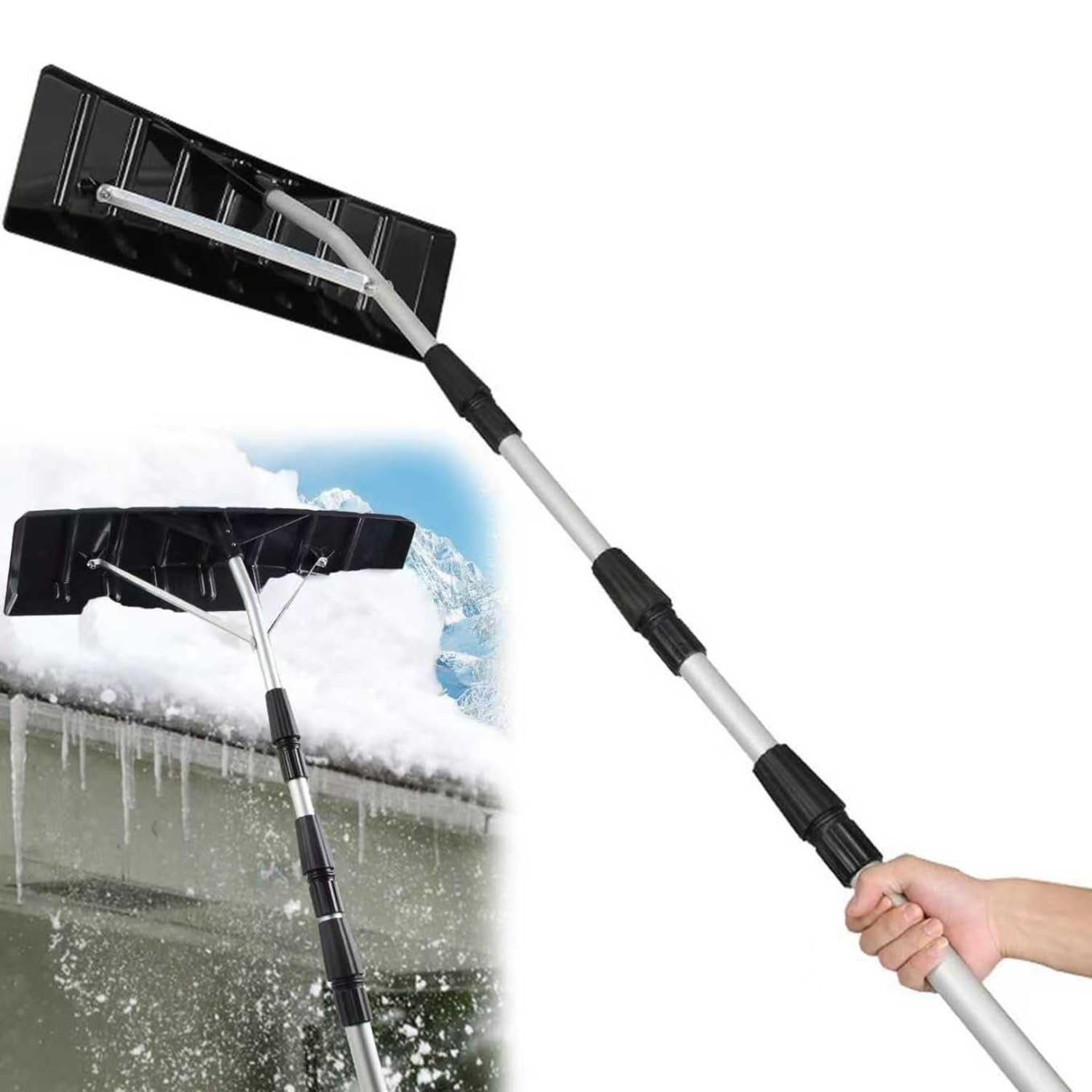 Rastrillo de nieve, ajustable de 1,9 a 6,3 m, herramienta telescópica de aluminio ligero para quitar la nieve de techo y panel solar, fácil limpieza para personas mayores